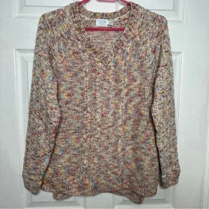 Time And True Cable  Knit Sweater V-Neck White/Multicoloured Size Large